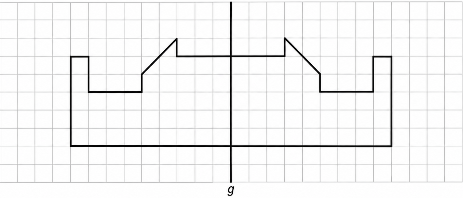 Symmetrische schwarze Linie auf kariertem Raster mit Treppen- und Dachformen an einer senkrechten Achse g.
